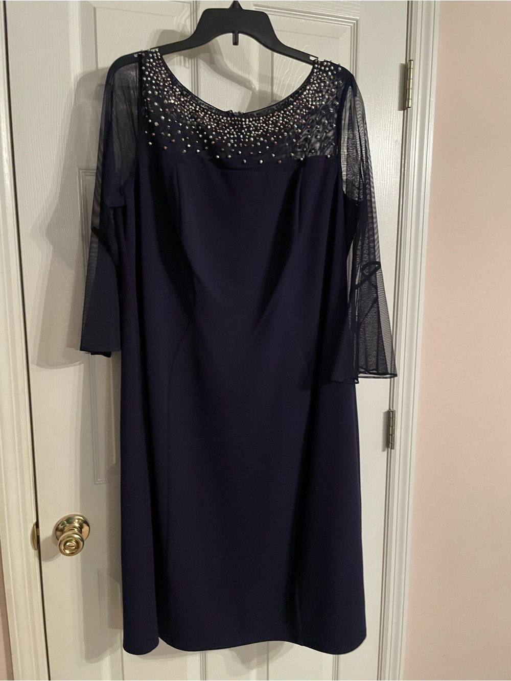Embellished Navy Midi Dress with Sheer Mesh Sleeves